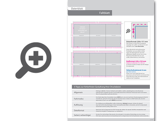 Product Bild faltblatt__gefalzt_auf_din_a7__6-seiter_(wickelfalz)__beidseitig_bedruckt_(4_4_farbig_+_1_sonderfarbe_hks)